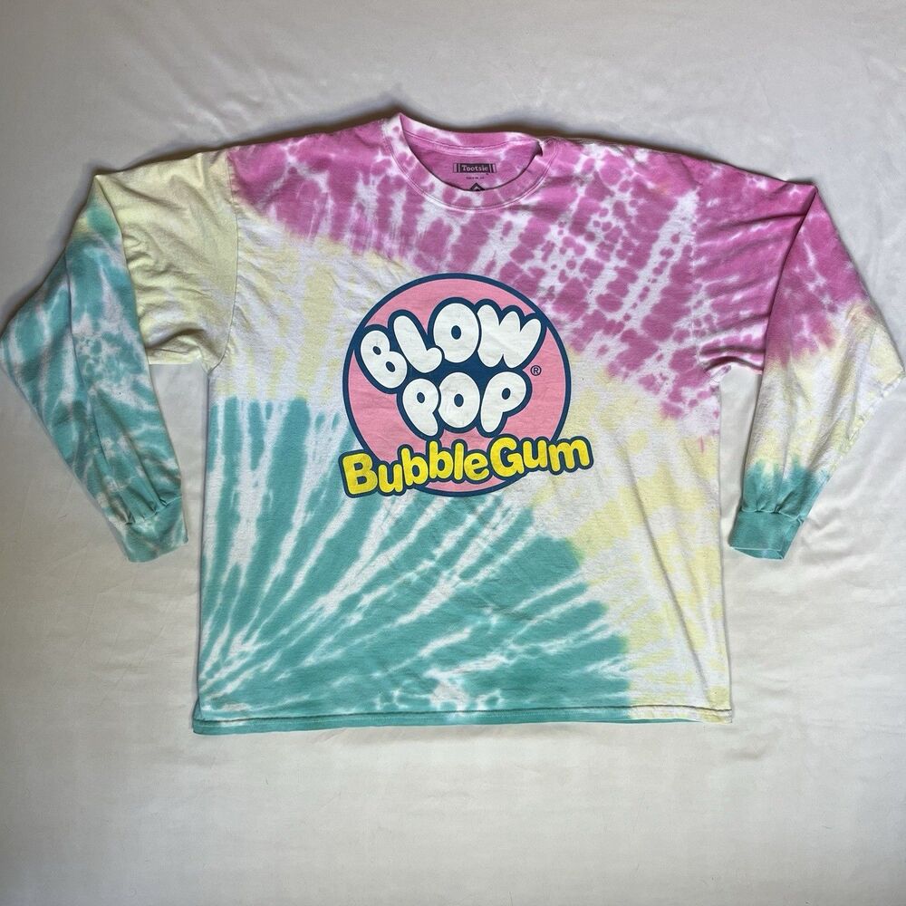 Tootsie Blow Pop Bubble Gum Tie Dye Long Sleeve Graphic T-Shirt XL Pink Blue